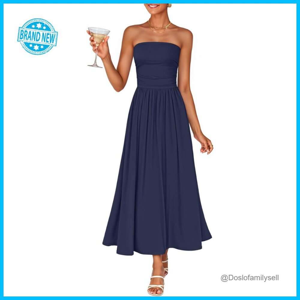 Strapless Ruched Midi Dress A-Line Flowy Elegant Wedding Guest Party Wear